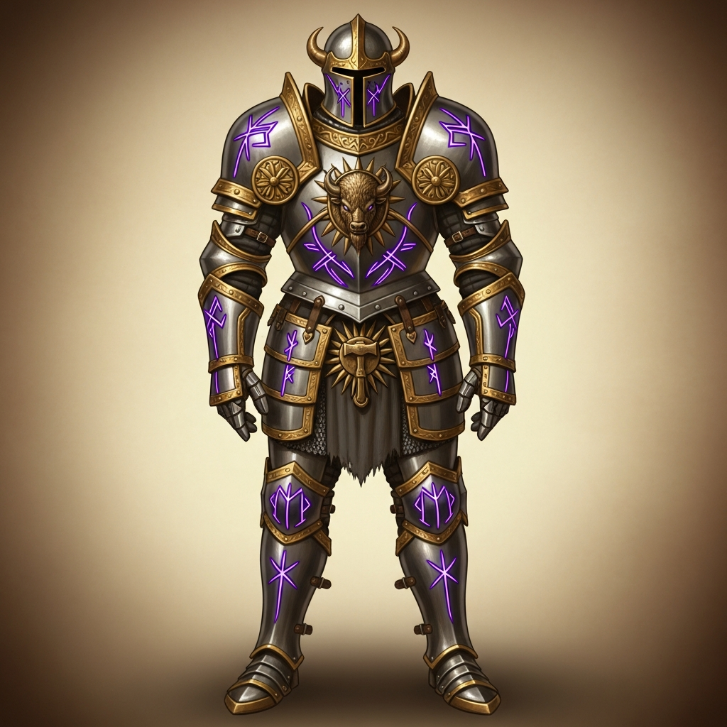 Aurelian Plate Armour with Nullstone Runes — Heavy plate armour with Nullstone runework (rare; arcane-suppression) portrait