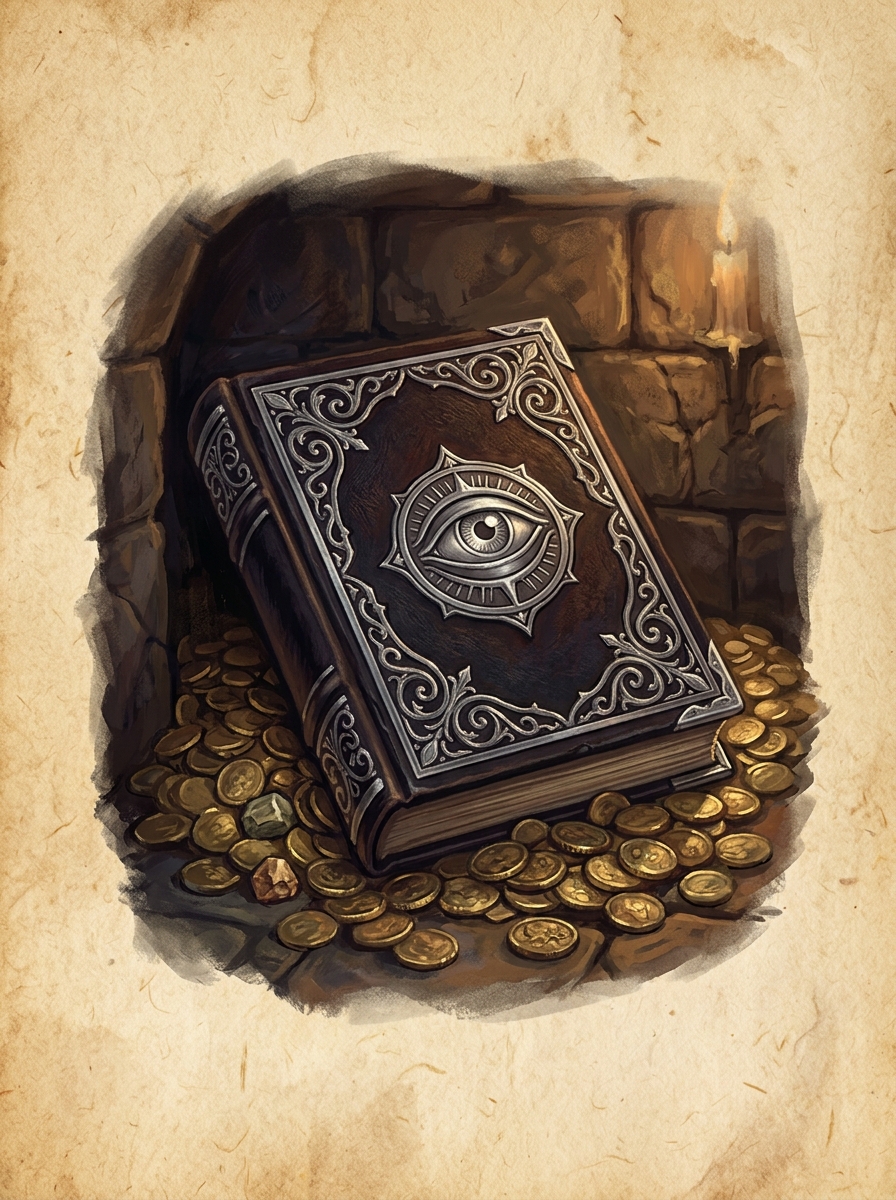 The Book of Secrets, Book (unidentified), silver-inlaid, bearing Vecna's sigil portrait