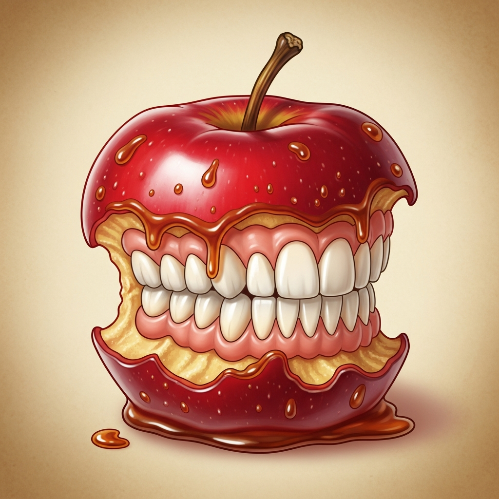 Candied Apple with Dentures — Cursed candied apple (Nibblecheek's dentures embedded) portrait