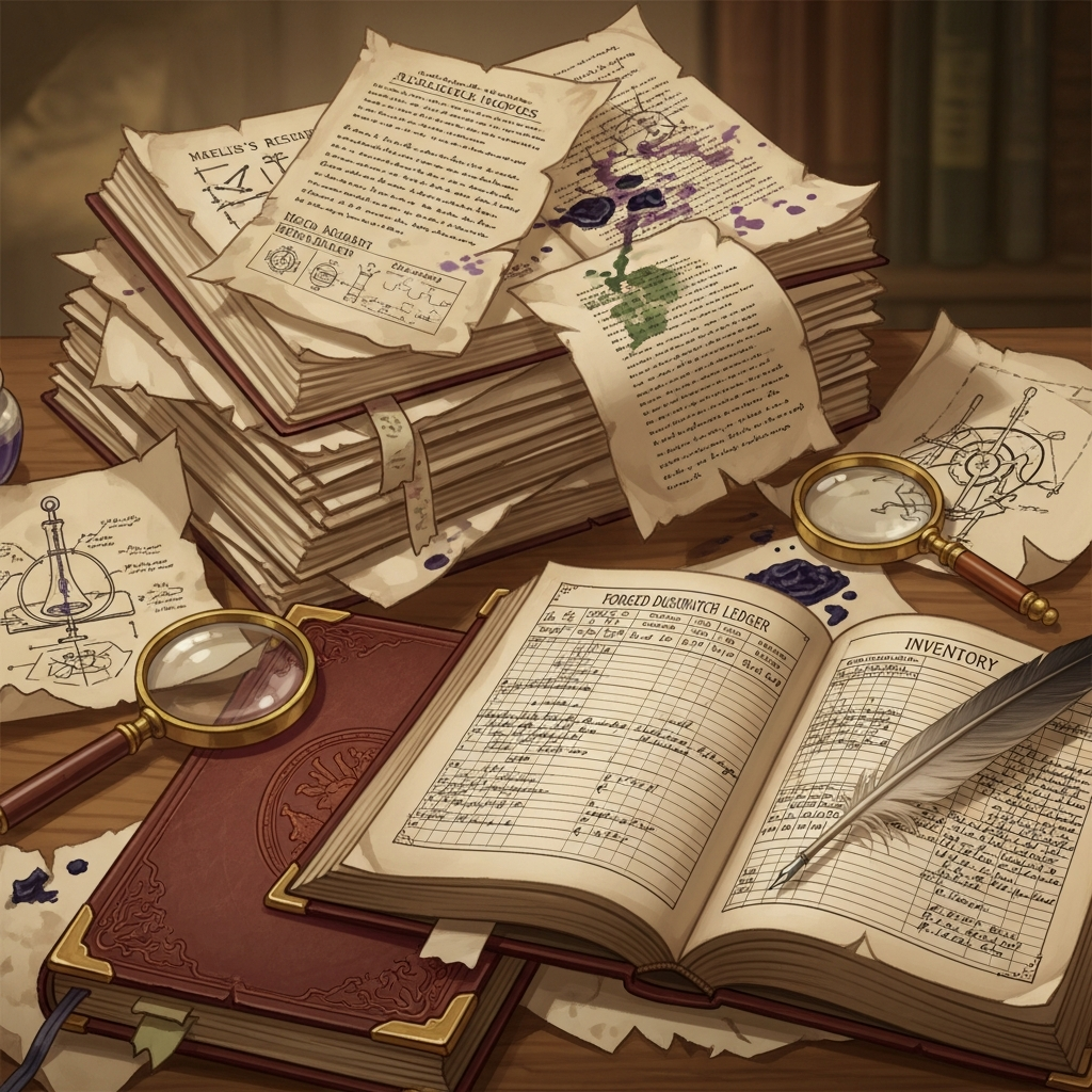 Maelis's Research Notes and Forged Duskwatch Ledger — Documents (forged shipping ledger + alchemical research notes) portrait
