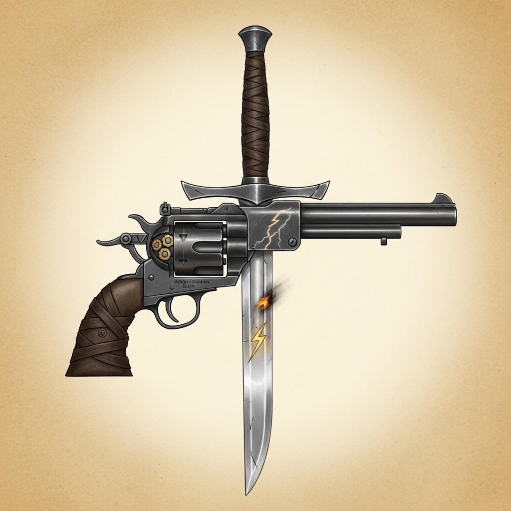Vasquez's Gunblade — Custom martial weapon (longsword frame, integrated revolver-style primer chamber) portrait