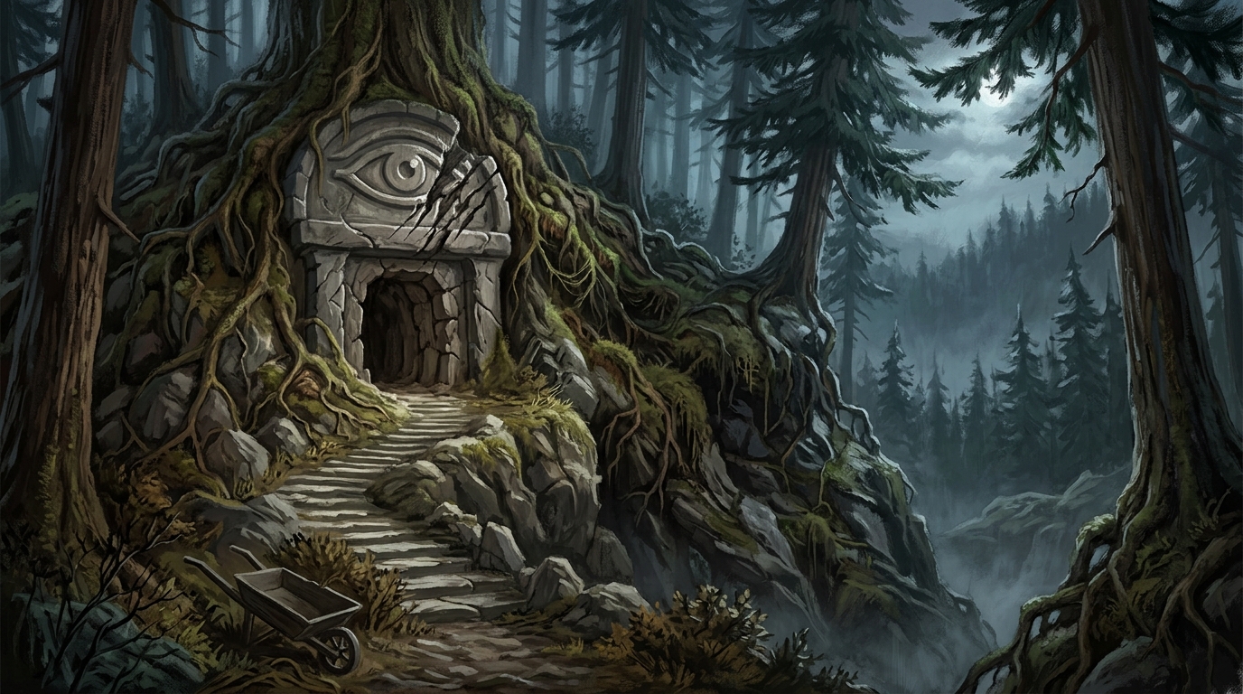 The ridge temple (Session 21), Temple complex (dungeon), entered by a stone stair Pine woods north of Greysmere portrait