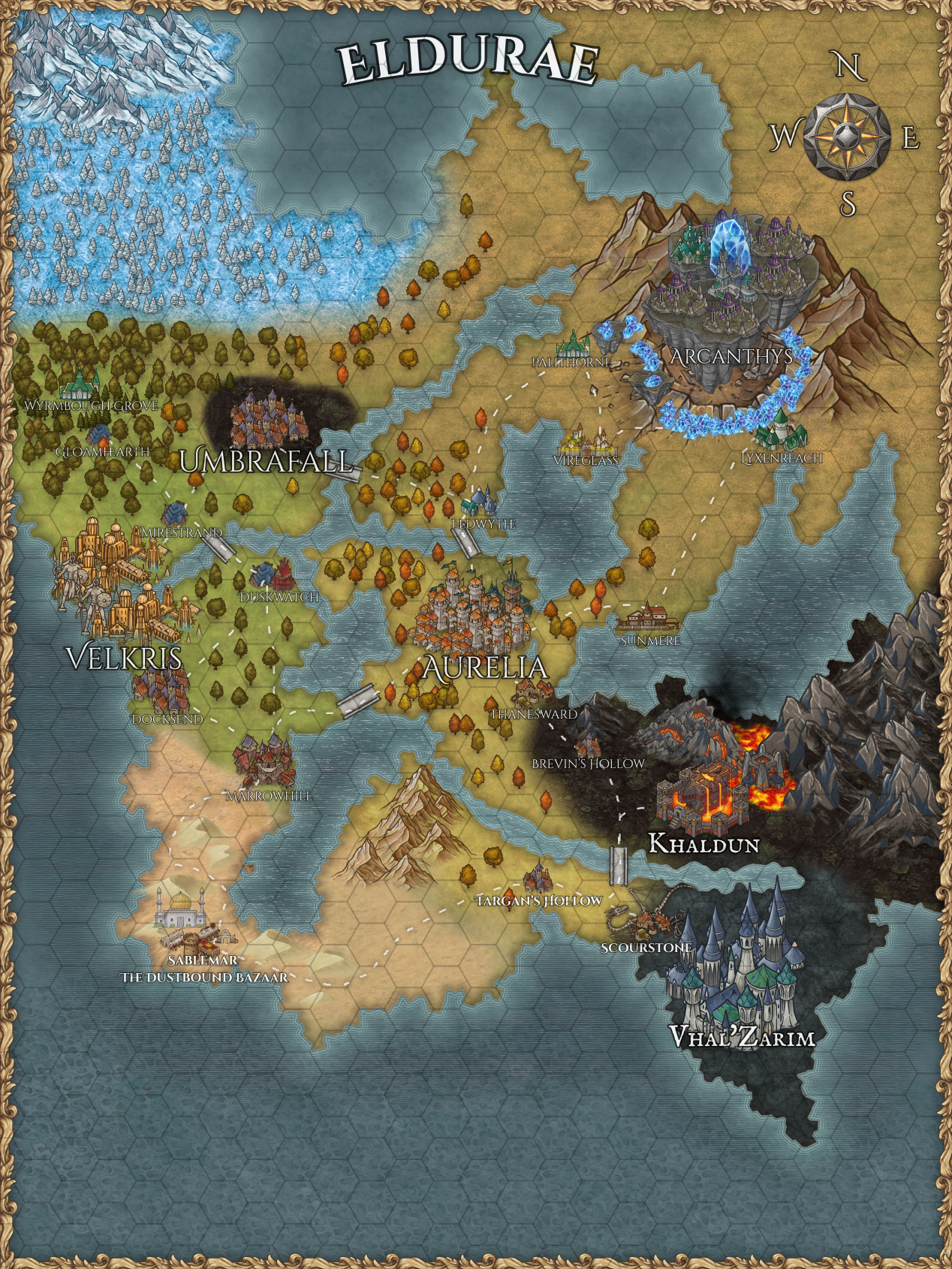 World map of Eldurae (hex grid; 1 hex = 60 miles)